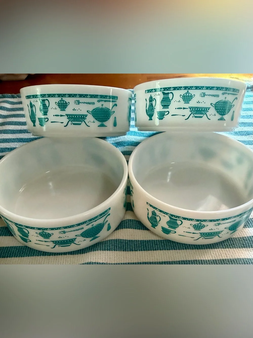 Vintage 1950s Hazel Atlas Kitchen Aids Milk Glass Turquoise Teal Set of 4 Bowls